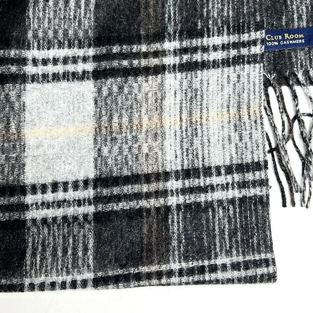 NWOT Club Room 100% Cashmere Plaid Gray Scarf 11,5x66